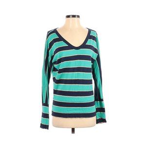 Lilly Pulitzer Medium Sweater Teal Navy Striped V Neck Wide Cuff and Hem